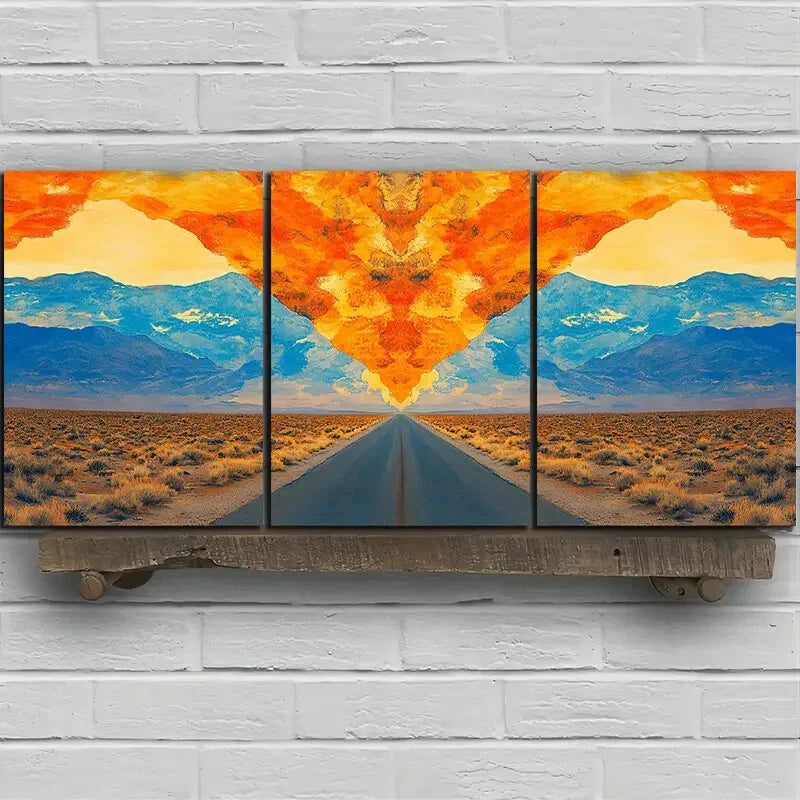 3pcs Sunset Glow Road Trio Painting Metal Print Ready to Hang Art