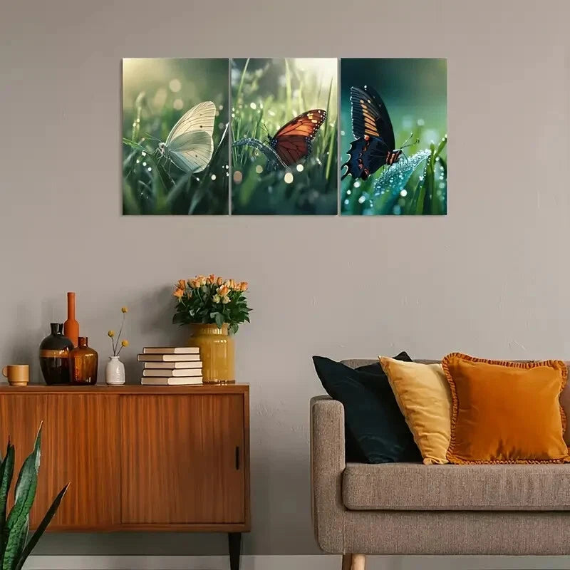 3pcs Vintage Butterfly with Dewy Morning Scenes Metal Print Ready to Hang Art
