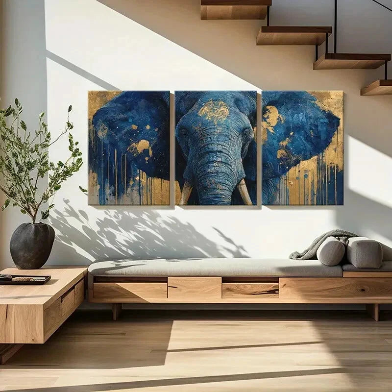 3pcs Abstract Blue Elephant Art Golden Accents Metal Print Ready to Hang Art