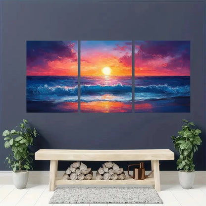 3pcs Vibrant Abstract Seascape & Fiery Sky Metal Print Ready to Hang Art