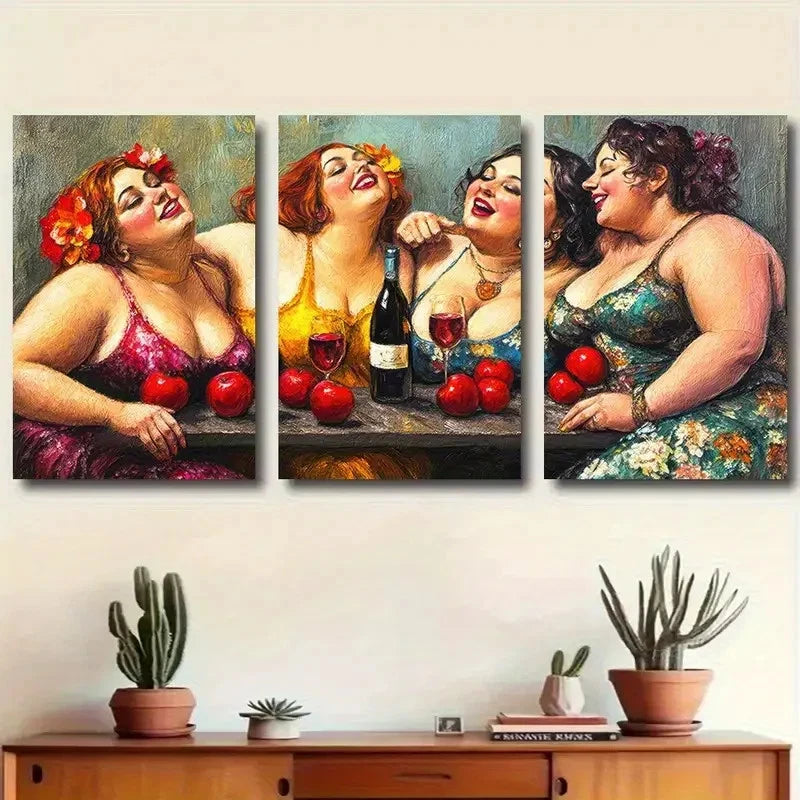 3pcs Energetic Woman with Wine and Apples Metal Print Ready to Hang Art