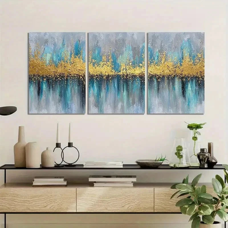 3pcs Golden Glow Blue & Turquoise Abstract Metal Print Ready to Hang Art