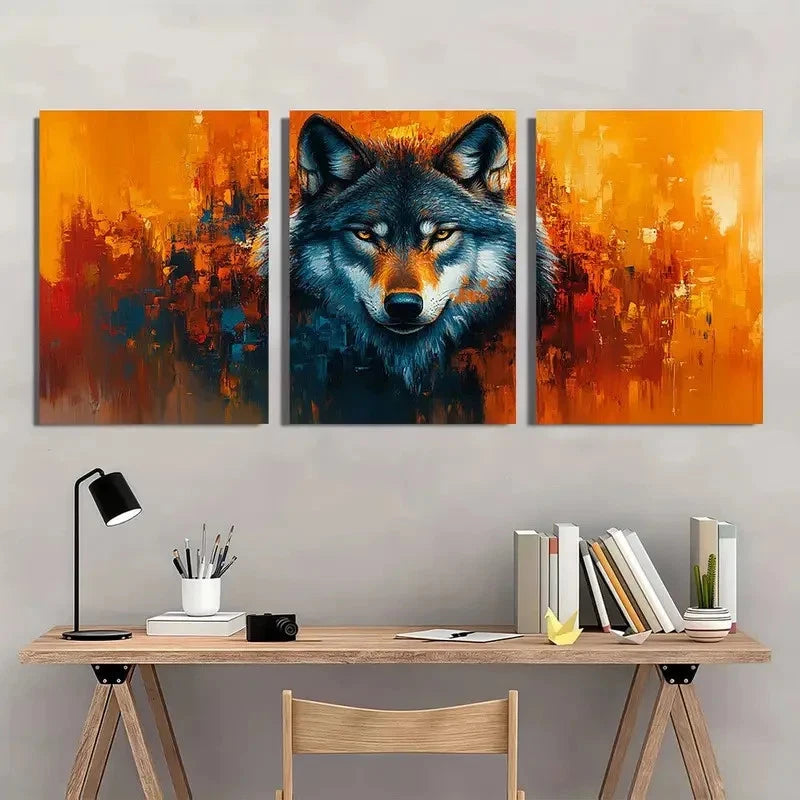 3pcs Wolf Vibrant Native American Paintings Wall Art Set Canvas Framed 60x90cm - High Quality Print 100% Australian Made Wall Canvas Ready to Hang