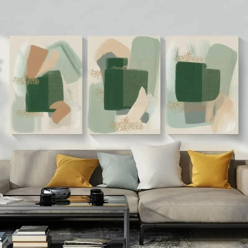 3pcs Green Beige & White Brush Strokes Metal Print Ready to Hang Art