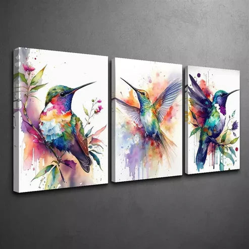 3pcs Watercolor Hummingbird & Flowers Wall Art Set Canvas Unframed - High Quality Print 100% Australian Made Wall Canvas