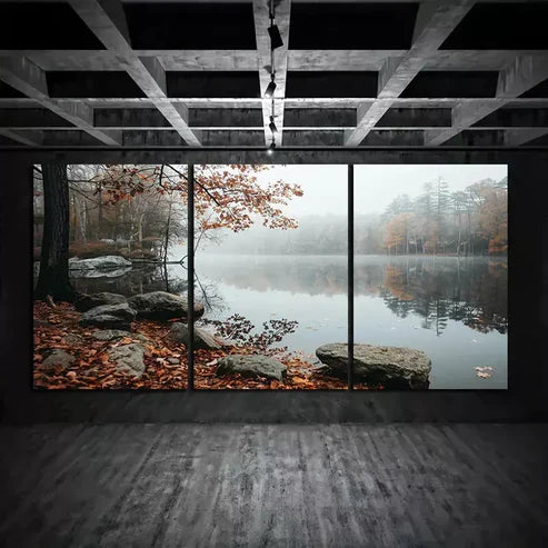 3pcs Beautiful Lake in Autumn Trees & Forest Canvas Framed 60x90cm - High Quality Print 100% Australian Made Wall Canvas Ready to Hang