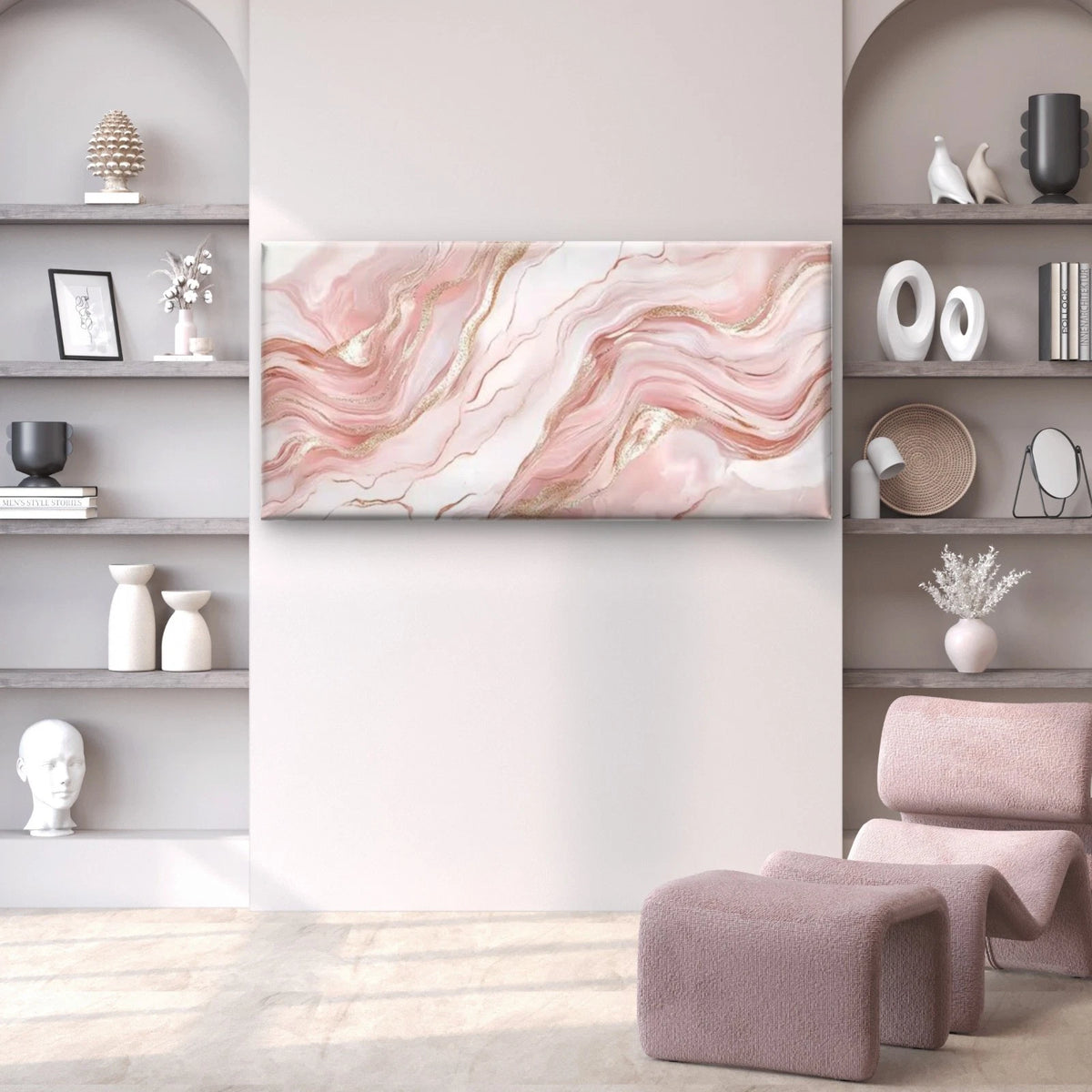 Agate Marble Design in Elegant Pink & Gray Wall Art Canvas Office Home Room Framed 120x60cm