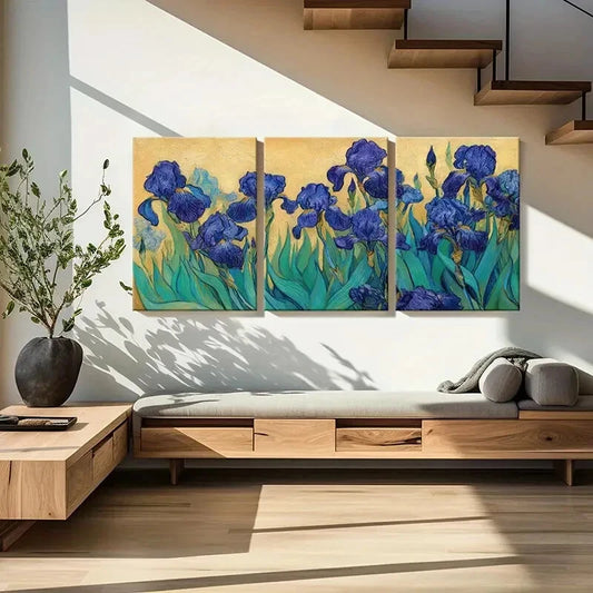 3pcs Artistic Blue Iris Flowers Abstract Painting Metal Print Ready to Hang Art