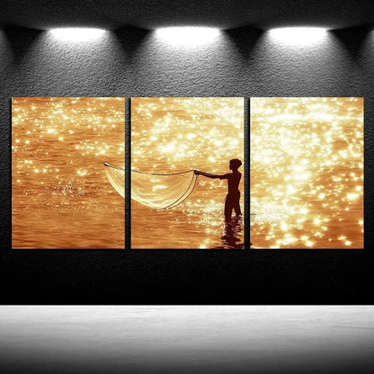 3pcs Fishermen on Sea Surface Design Metal Print Ready to Hang Art