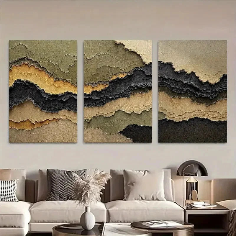 3pcs Olive Green Mustard and Charcoal Wall Art Metal Print Ready to Hang Art