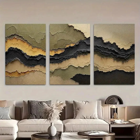 3pcs Olive Green Mustard and Charcoal Wall Art Metal Print Ready to Hang Art