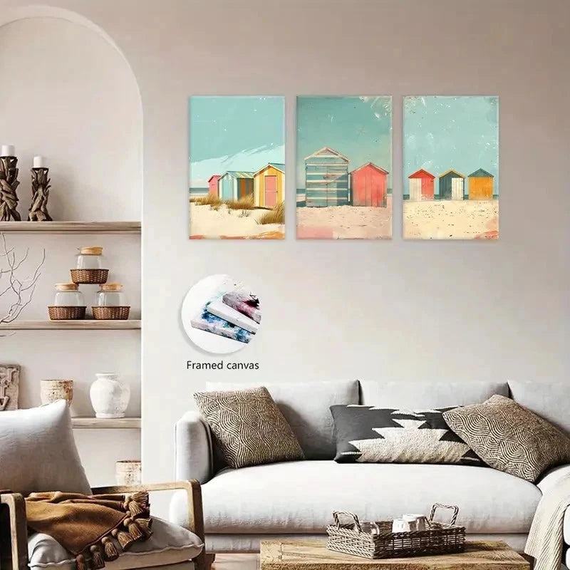 3pcs Decor Coastal Beach Huts  Wall Art Set Canvas Framed 40x60cm - High Quality Print 100% Australian Made Wall Canvas Ready to Hang