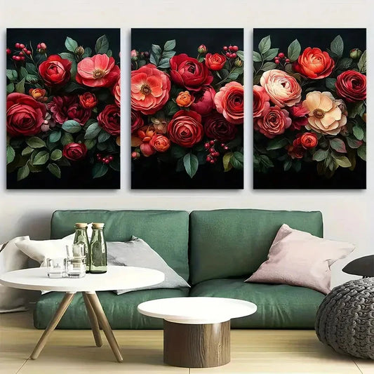 3pcs Opulent Floral Rose and Peony Bouquet Metal Print Ready to Hang Art