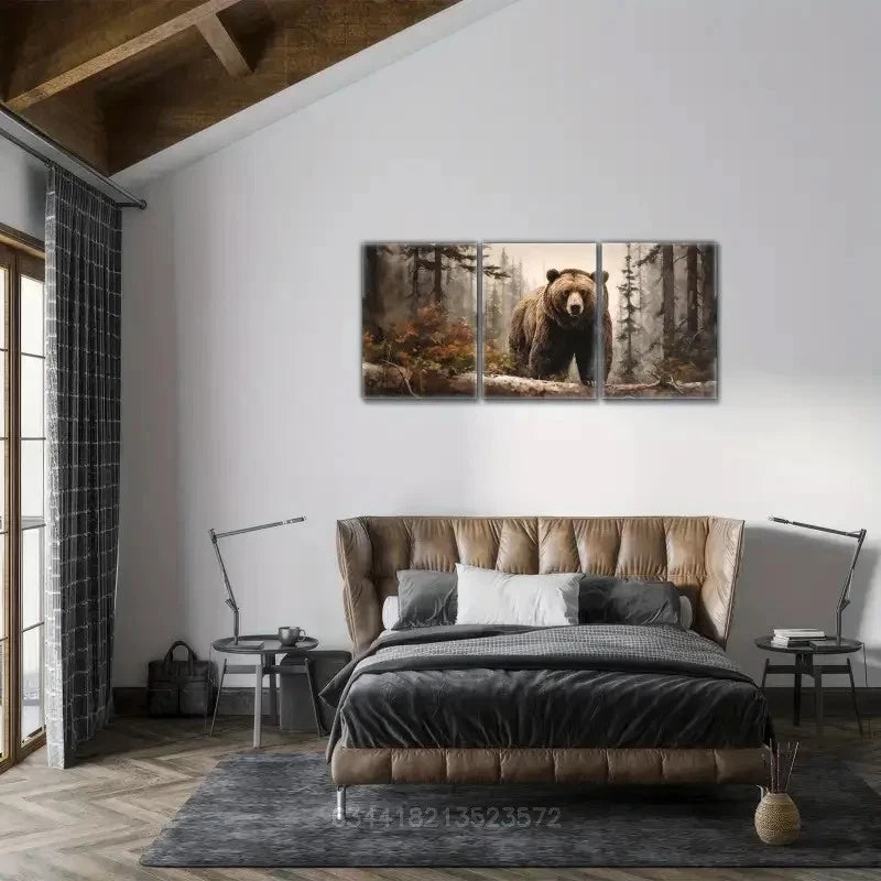 3pcs Grizzly Bear in Foggy Forest Metal Print Ready to Hang Art