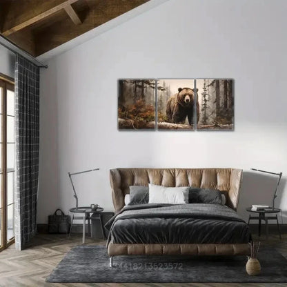 3pcs Grizzly Bear in Foggy Forest Metal Print Ready to Hang Art