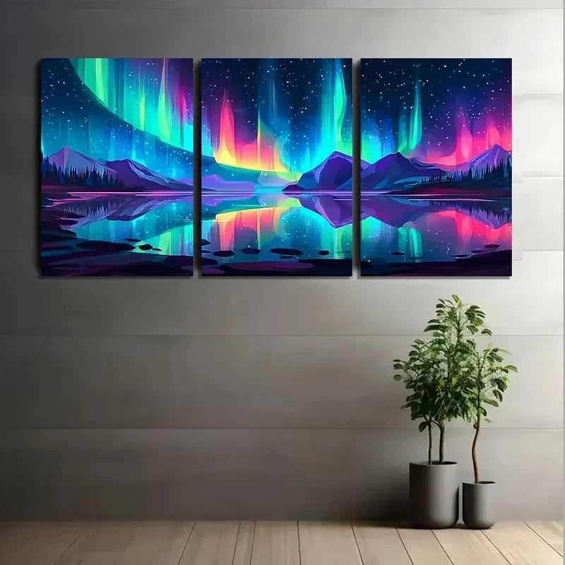 3pcs Colorful Northern Lights Landscape Metal Print Ready to Hang Art