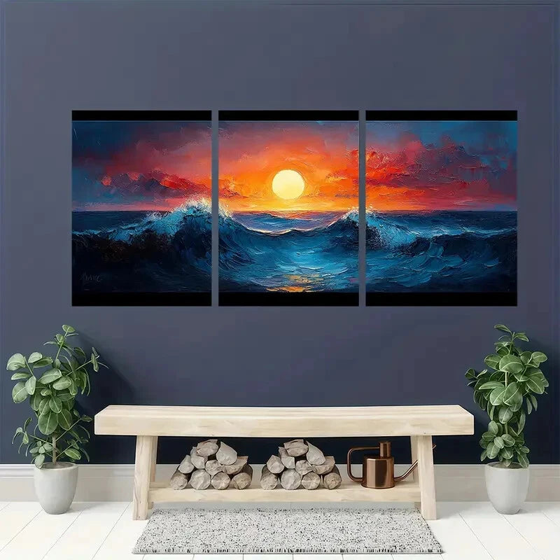 3pcs Sunset Ocean Wave with Black Frames Metal Print Ready to Hang Art