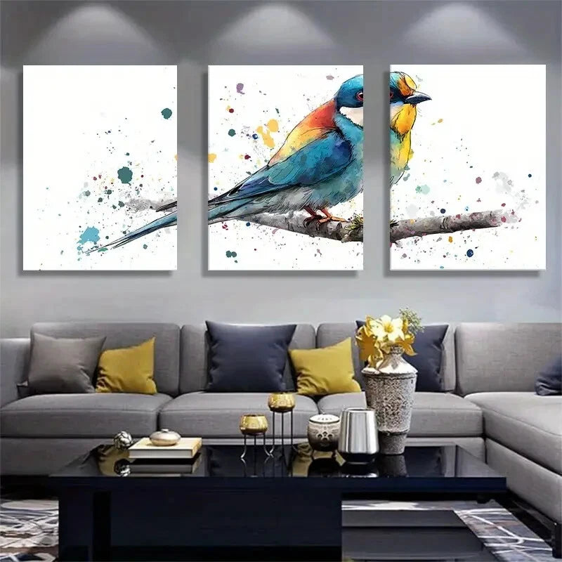 3pcs Vibrant Bird Watercolor Splatter Modern NatureMetal Print Ready to Hang Art