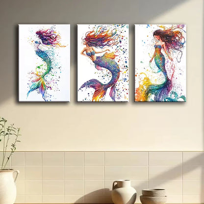 3pcs Vibrant Mermaid Watercolor Wall Art Set Canvas Framed 60x90cm - High Quality Print 100% Australian Made Wall Canvas Ready to Hang