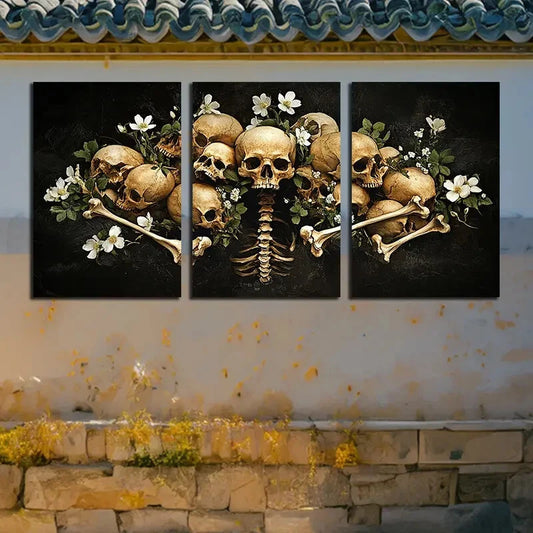 3pcs Vibrant Skeleton in the White Flowers Design Metal Print Ready to Hang Art