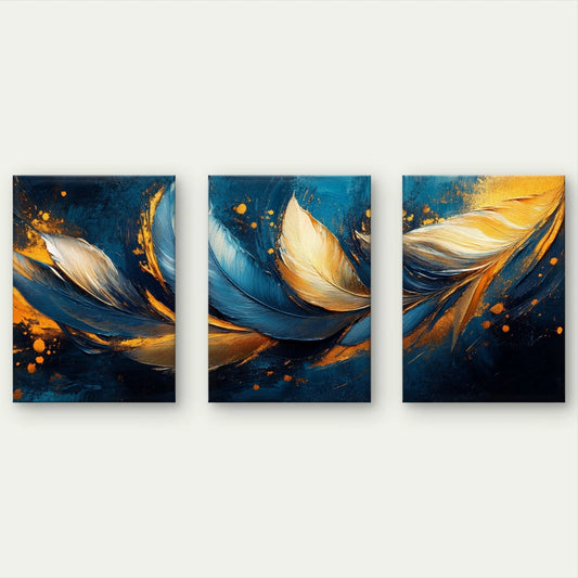 3pcs Modern Abstract Blue and Gold Feathers Wall Art Set Canvas Framed 40x60cm - High Quality Print 100% Australian Made Wall Canvas Ready to Hang