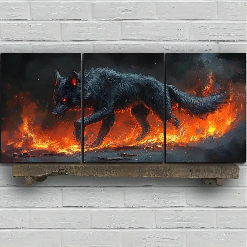 3pcs Wolf Fire Stunning Golden Eyes Metal Print Ready to Hang Art