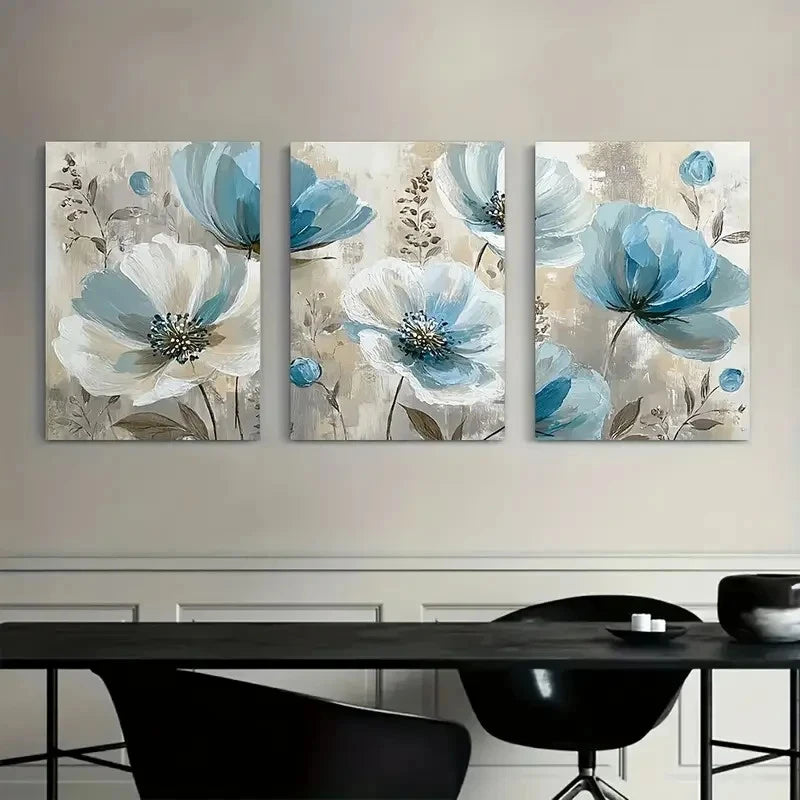 3pcs Watercolor Light Blue and White Flowers Metal Print Ready to Hang Art
