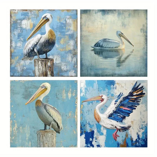 4pcs Pelican Poster, Wall Art Canvas Framed