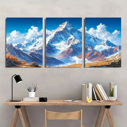 3pcs Vibrant Snow Capped Peaks & Blue Sky Metal Print Ready to Hang Art
