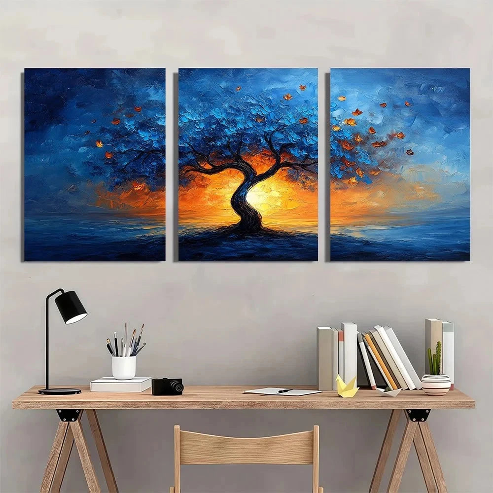 3pcs Blue Tree Modern Abstract Painting Metal Print Ready to Hang Art