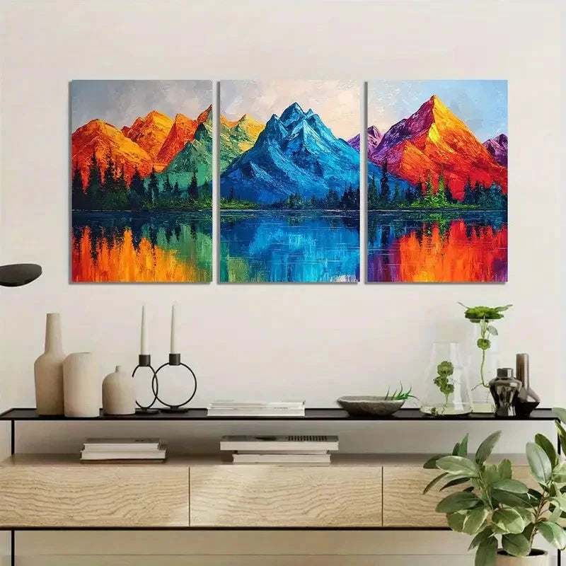 3pcs Colorful Mountain Range with Lake Reflections Metal Print Ready to Hang Art