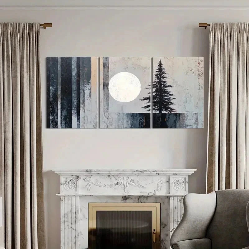3pcs Abstract Moonlight Pine Tree Landscape Metal Print Ready to Hang Art