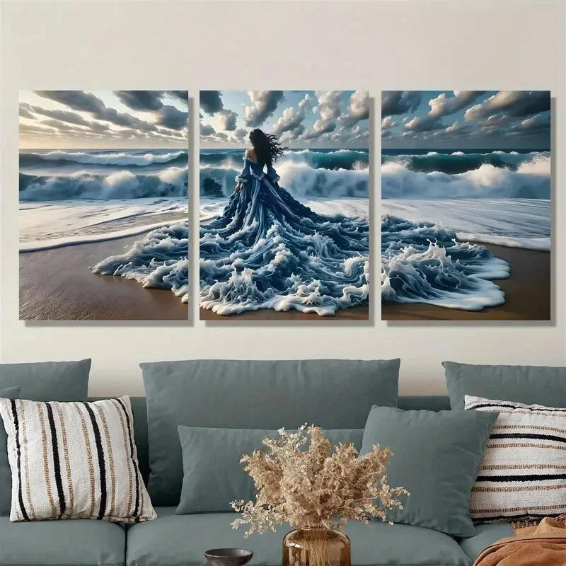 3pcs ,Ocean, beach, fantasy style mural, lady in Metal Print Ready to Hang Art