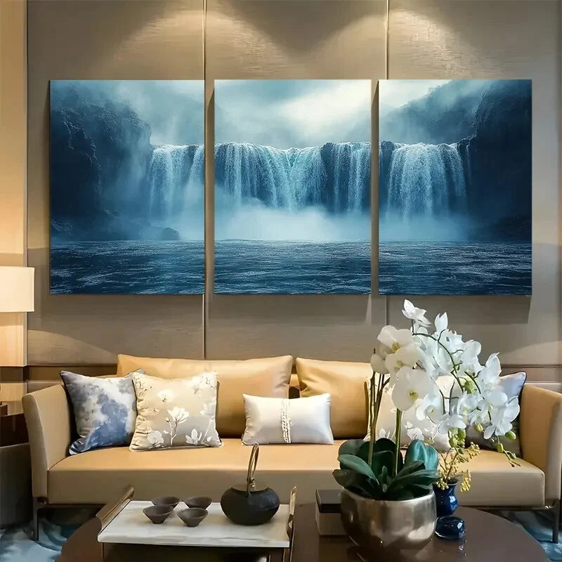 3pcs Majestic Waterfall Cascading Into Misty Water Metal Print Ready to Hang Art