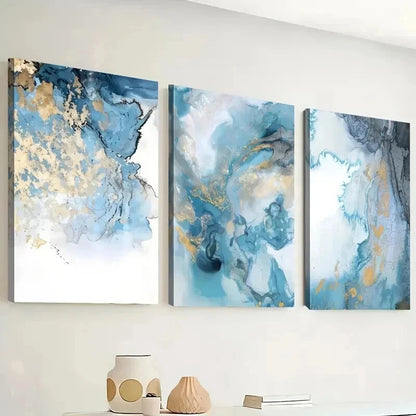 3pcs Nordic Blue & Golden Abstract Prints Wall Art Set Canvas Framed 40x60cm - High Quality Print 100% Australian Made Wall Canvas Ready to Hang