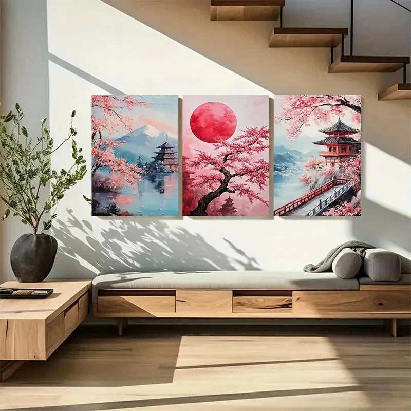 3pcs Mount Fuji Sakura Blossom Red Sunset in Japan Metal Print Ready to Hang Art