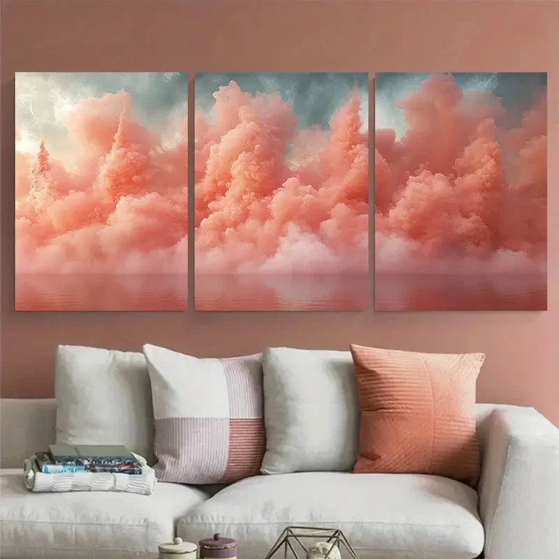 3pcs Pastel Coral Pink Abstract Smoke Explosion Metal Print Ready to Hang Art