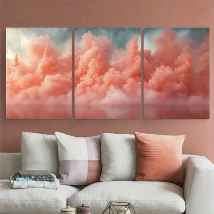 3pcs Pastel Coral Pink Abstract Smoke Explosion Metal Print Ready to Hang Art