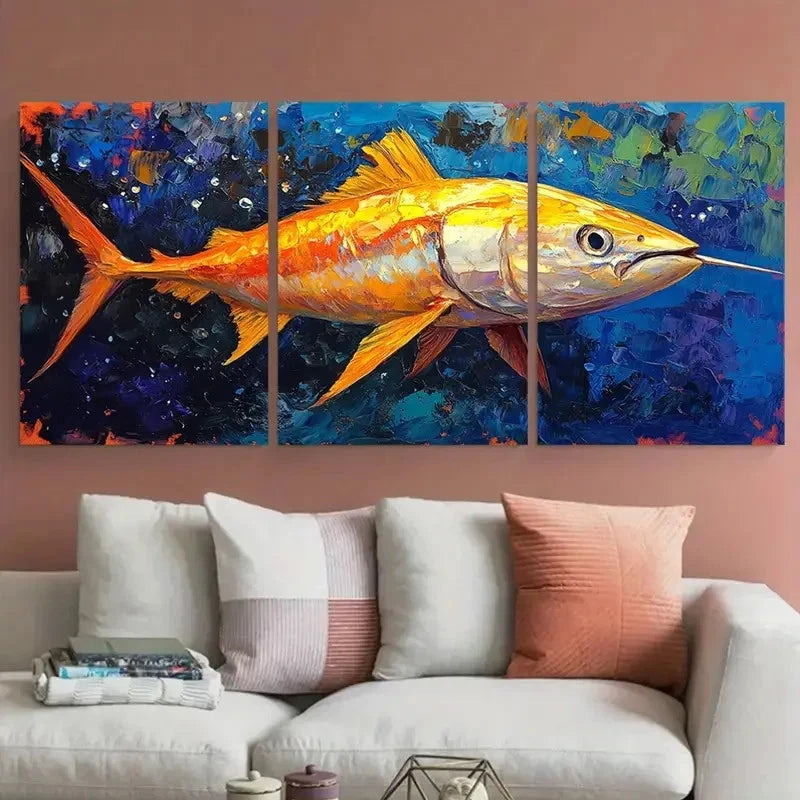3pcs Vibrant Fish with Blue & Orange Hues Metal Print Ready to Hang Art
