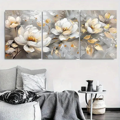 3pcs White and Golden Floral Elegant Metal Print Ready to Hang Art