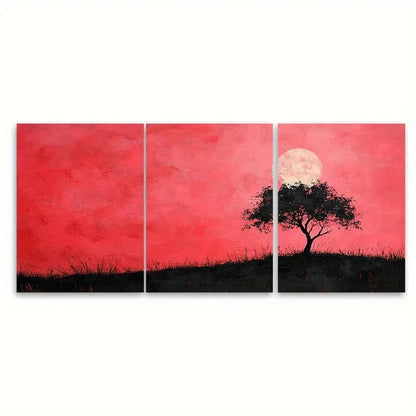 3pcs Pink Sky with Black Tree Silhouette RI Wall Art Set Canvas Framed 50x70cm - High Quality Print 100% Australian Made Wall Canvas Ready to Hang