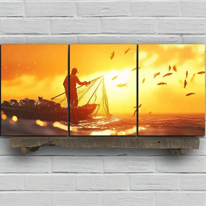3pcs Fishermen Casting Nets Sunset Metal Print Ready to Hang Art