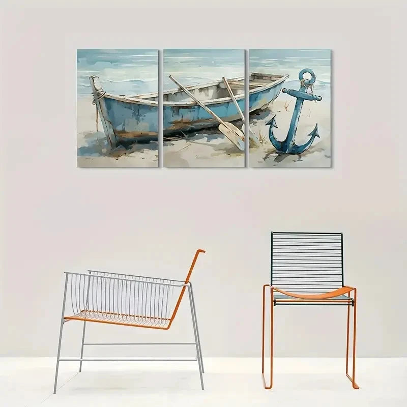3pcs Rustic Boat and Anchor Nautical Metal Print Ready to Hang Art