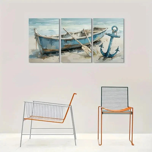 3pcs Rustic Boat and Anchor Nautical Metal Print Ready to Hang Art