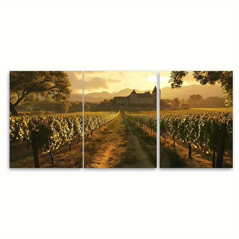 3pcs Rendering of Burgundy Vineyards Golden Metal Print Ready to Hang Art