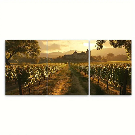 3pcs Rendering of Burgundy Vineyards Golden Metal Print Ready to Hang Art