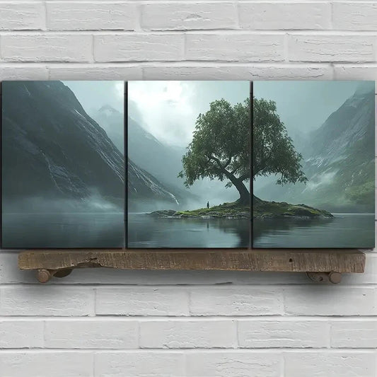 3pcs The Trees on The Island Mountains Metal Print Ready to Hang Art