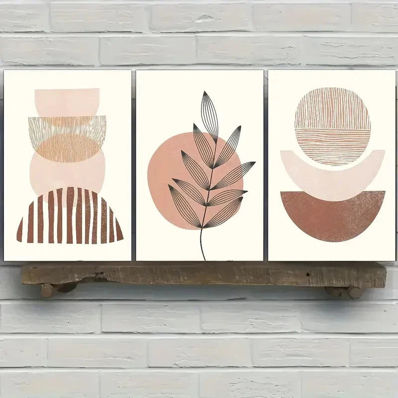 3pcs Featuring Beige Abstract Geometric Leaves Metal Print Ready to Hang Art
