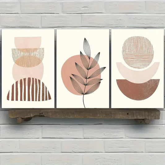3pcs Featuring Beige Abstract Geometric Leaves Metal Print Ready to Hang Art