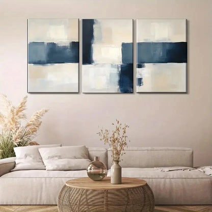 3pcs Abstract Blue & Beige Brush Painting Metal Print Ready to Hang Art